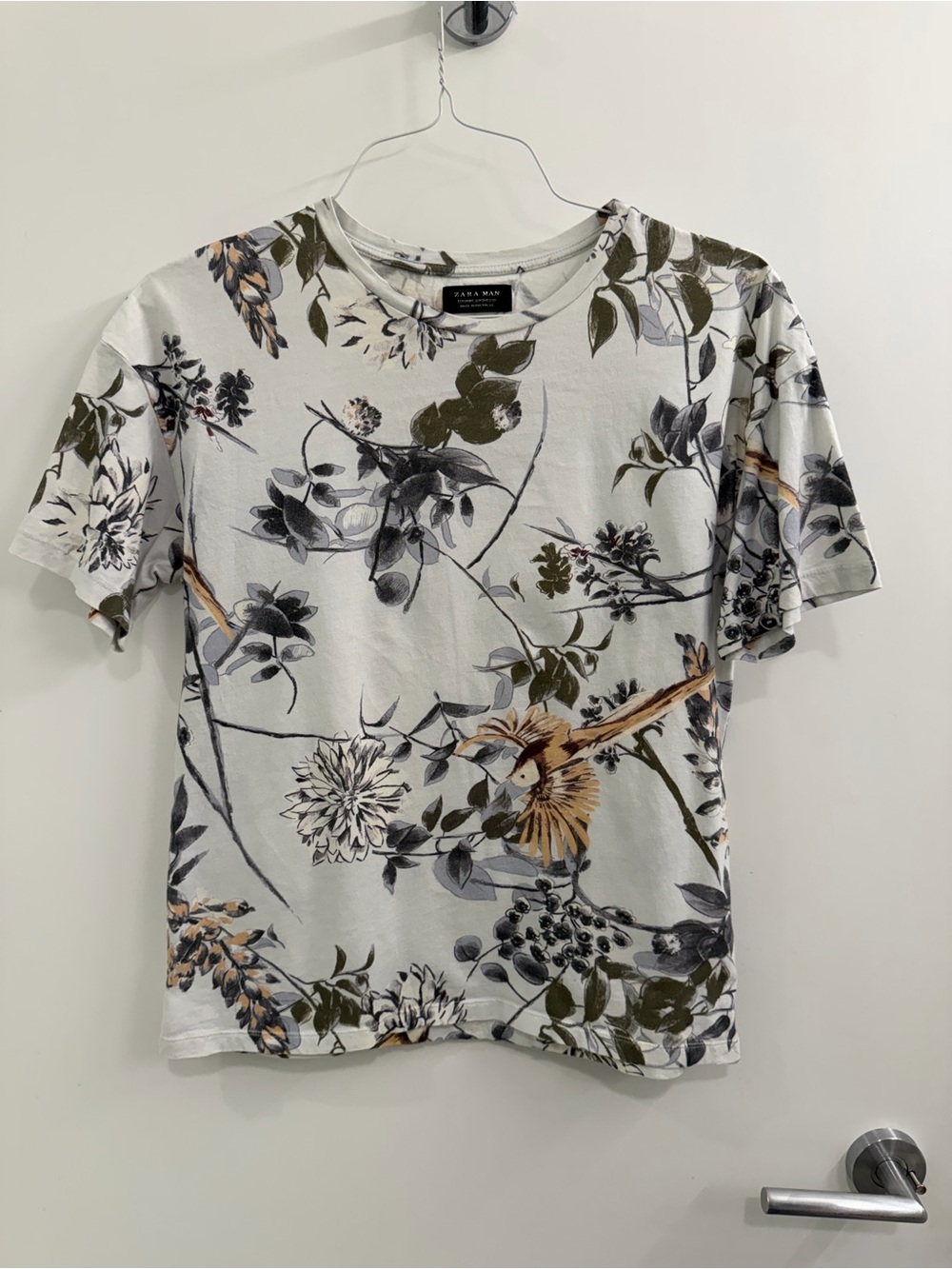 Zara Man Botanical Print Tee - White with Olive & Gray & Tan